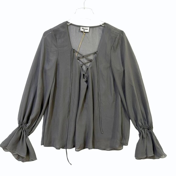 Show Me Your Mumu Womens S Lace-Up Blouse Gray Sheer Chiffon Romantic Flowy - Picture 2 of 11